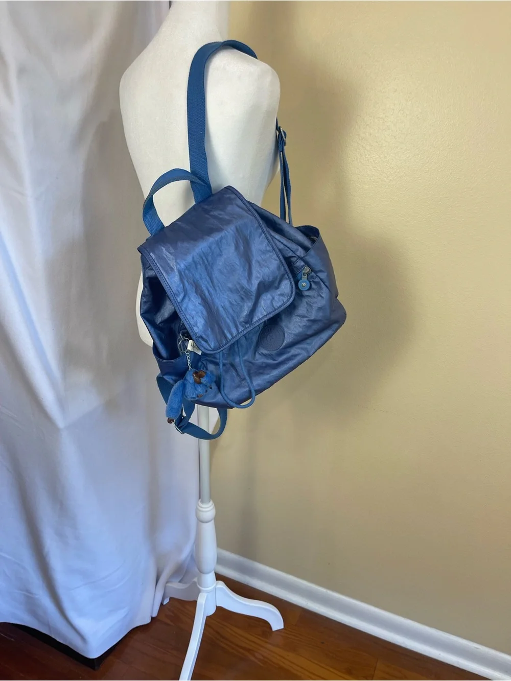 Kipling City Pack Metallic Blue Backpack Small Slouchy Y2K Monkey Charm Nylon